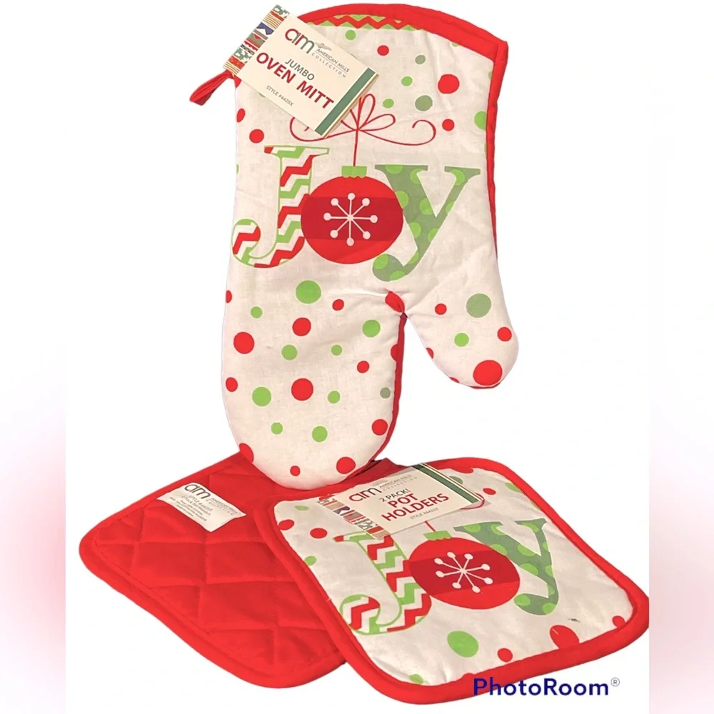 3 Pcs~Joy Ornament Kitchen Sets  1~Oven Mitts & 2~Pot holders